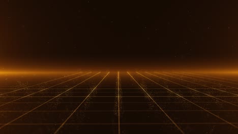 gold particles abstract background with shining golden floor particles stars dust flare perspective grid. futuristic glittering fly movement flickering loop in space on black background.