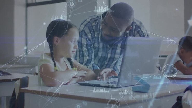 Animazione di rete e dati su allegro insegnante afroamericano e studentessa