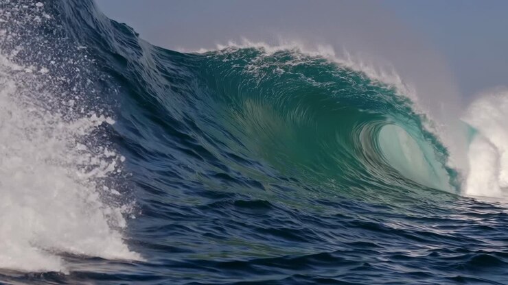 Dynamic low-angle shot of a powerful ocean wave curling under a clear sky, perfect for a dramatic