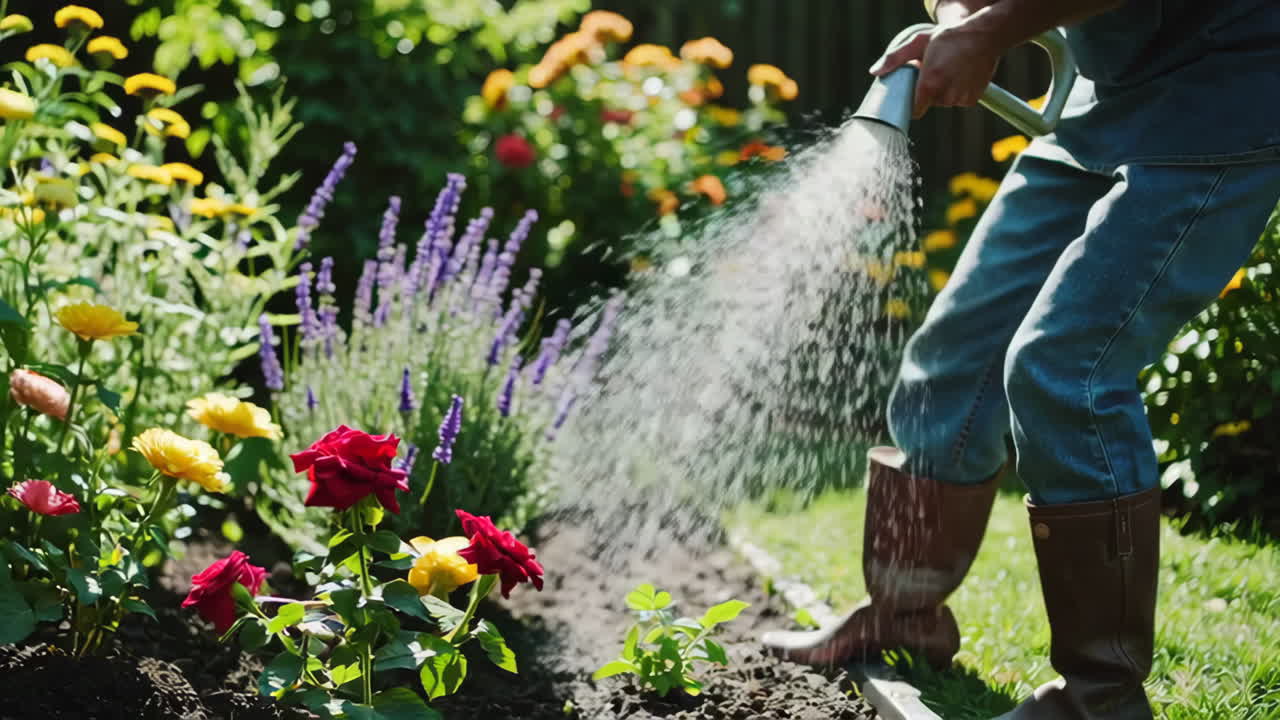Donna che innaffia i fiori in un giardino