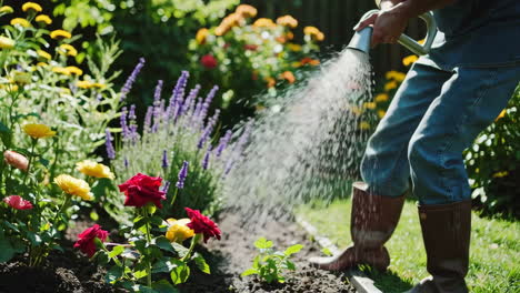 woman watering flowers in a garden