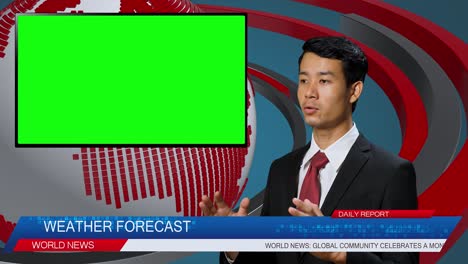 live news studio with male anchor reporting on the weather forecast, video story show green chroma key screen placeholder copy space.television newsroom channel with professional presenter