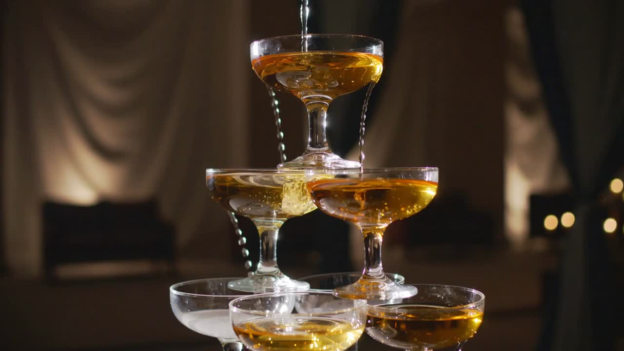 Pouring thin stream from above filling multi-tier coupe tower in lounge, amber liquid cascading