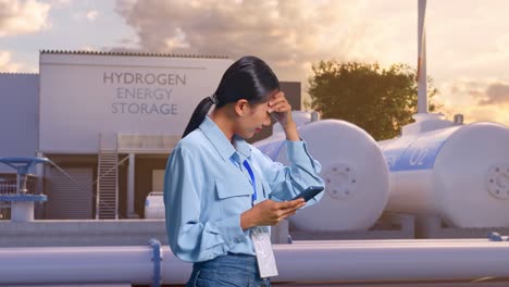 vista lateral de una trabajadora profesional asiática de pie con su teléfono inteligente en la fábrica de hidrógeno verde, instalación industrial de alta tecnología, comprobando con decepción y asintiendo con la cabeza