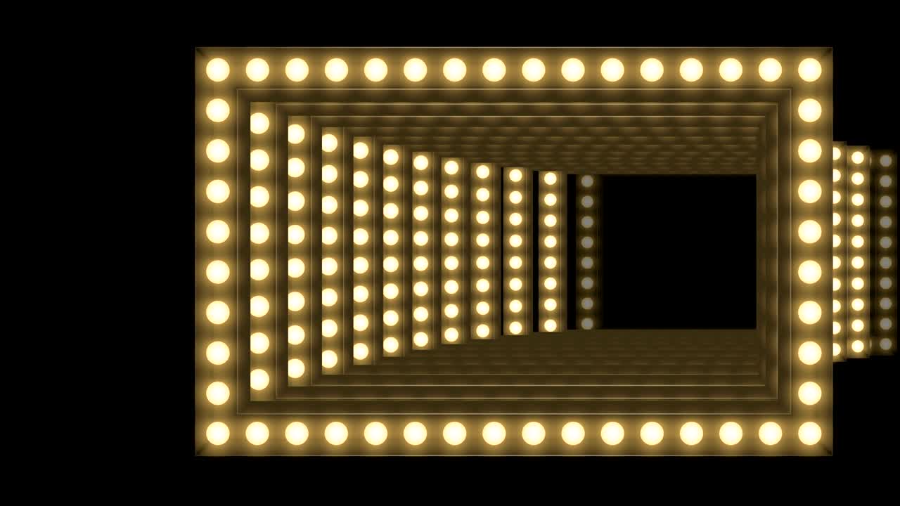 터널 전구 박스 프레임 직사각형 모양 이동 패턴, 레트로 3d 가상 스타일 일러스트레이션 어두운 배경에서 빛나는 원활한 루핑 애니메이션 4k, 복사 공간