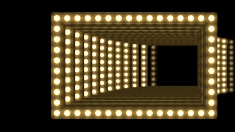 tunnel incandescent light bulb box frame rectangle shape moving pattern, retro 3d virtual style illustration glow in dark background seamless looping animation 4k, with copy space