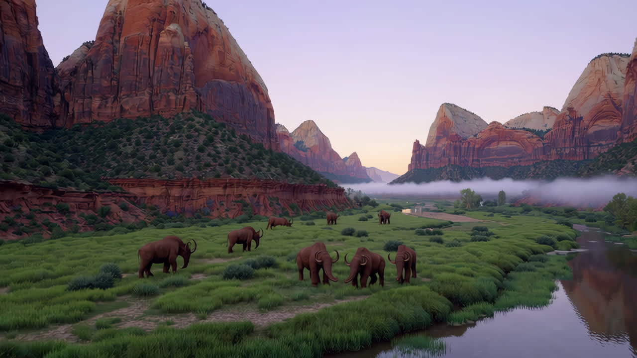 Ancient Animals in a Canyon Valley at Sunrise/Sunset
