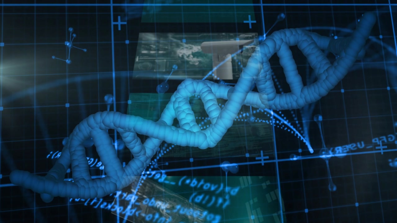 Large blue DNA double helix rotating rightward, triggered by pulsing code, revealing network data