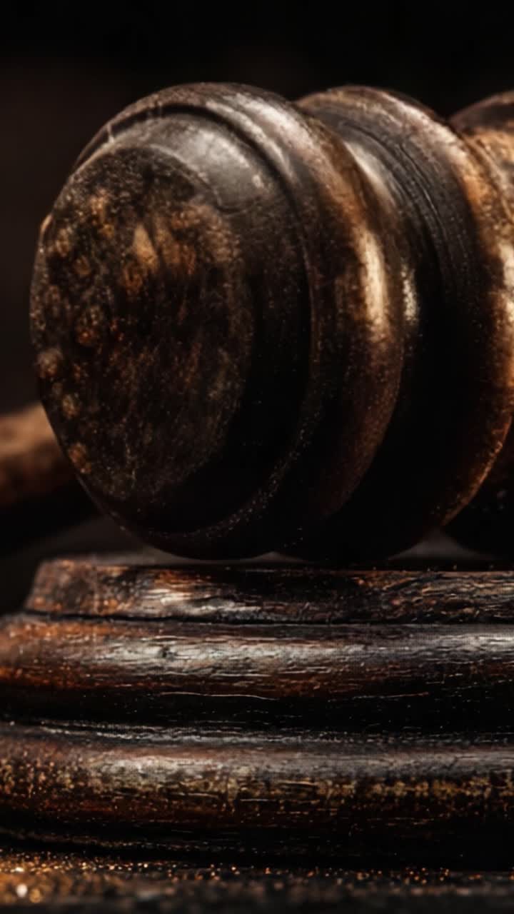 Primo piano di un martello da giudice, che simboleggia la giustizia e l'autorità nel sistema legale, con lavorazione dettagliata e tonalità calde.