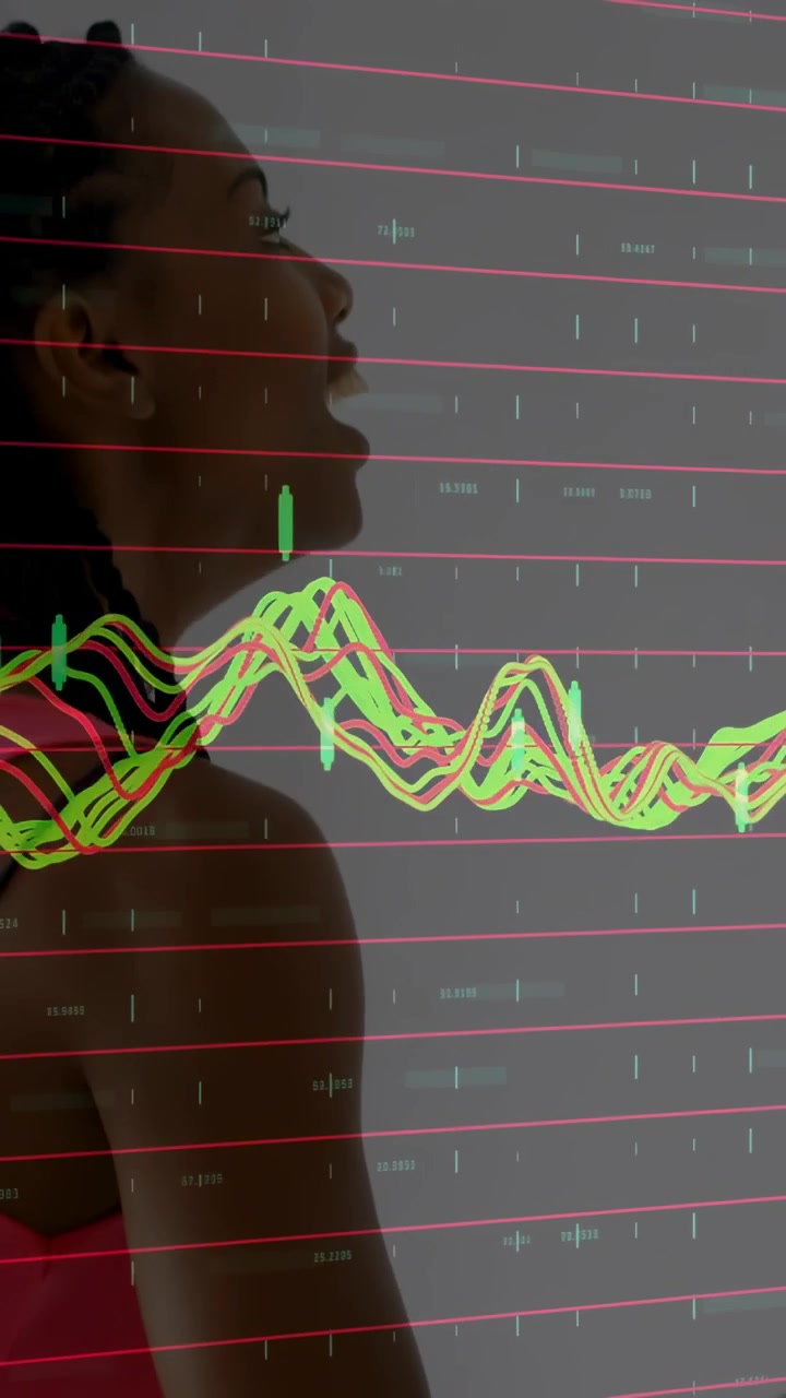 Video verticale: Donna che parla contro una parete grigia, creando una forma d'onda audio, con una griglia rossa che si muove per il suono.