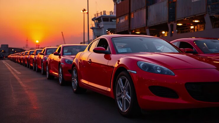 Fila de coches rojos en fila con un precioso atardecer de fondo y contenedores de transporte al fondo, capturando un momento escénico de transporte