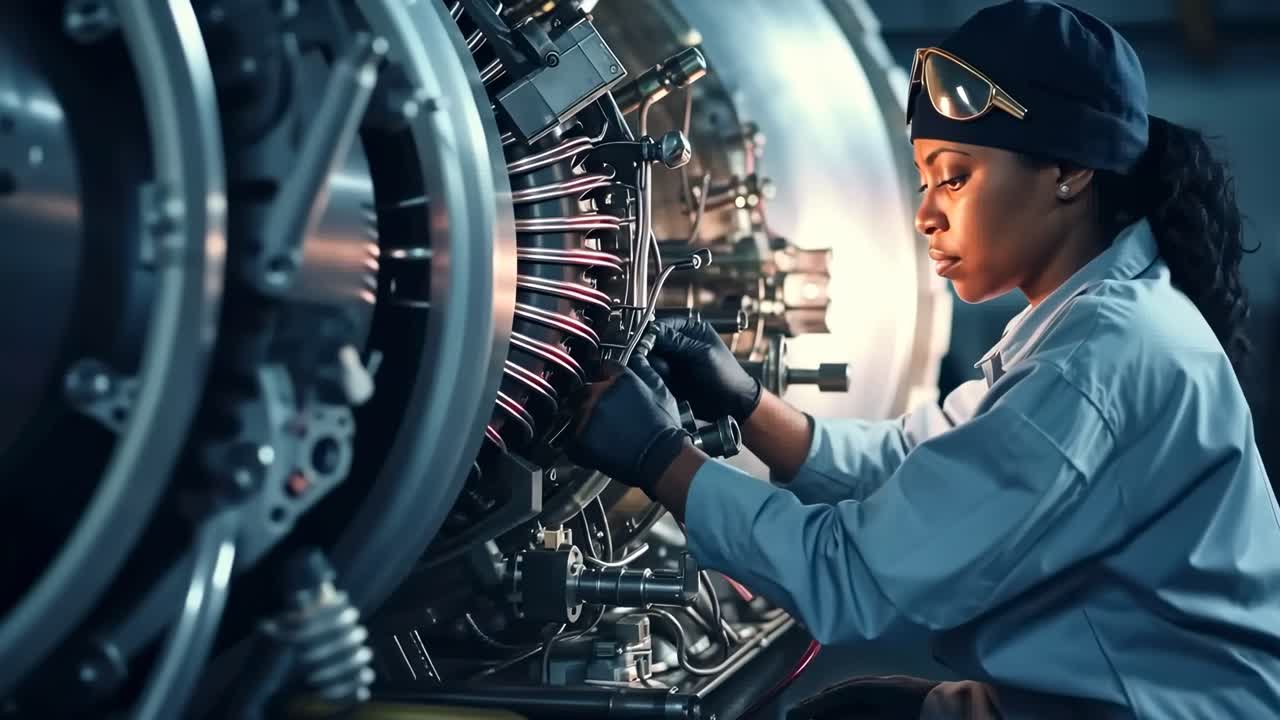 A focused engineer works on machinery in a dimly lit workshop