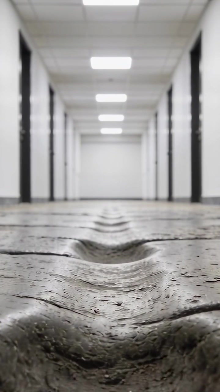 Vertical video: Pulling back camera revealing worn central wooden groove down corridor with lights