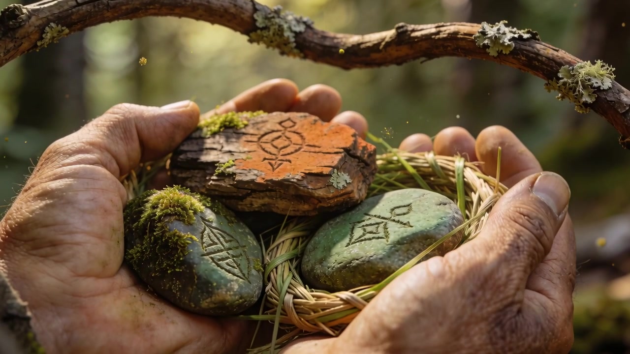Mani segnate dal tempo che stringono e ruotano un nido in una foresta illuminata dal sole, ispezionando pietre intagliate e corteccia arancione.