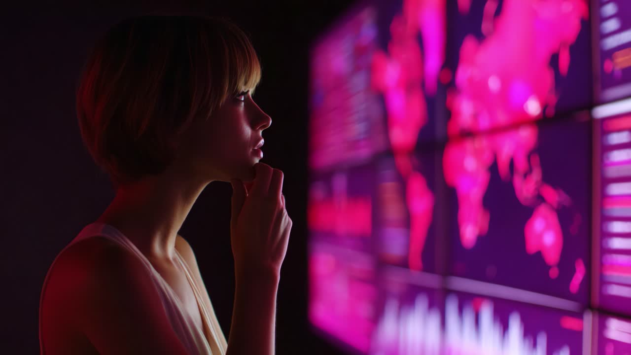 A Thoughtful Woman Contemplates Data Visualizations on a Vibrant Display, Highlighting the Intersection of Technology and Human Insight in a Dimly Lit Environment