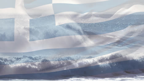 animation of flag of greece blowing over waves in sea