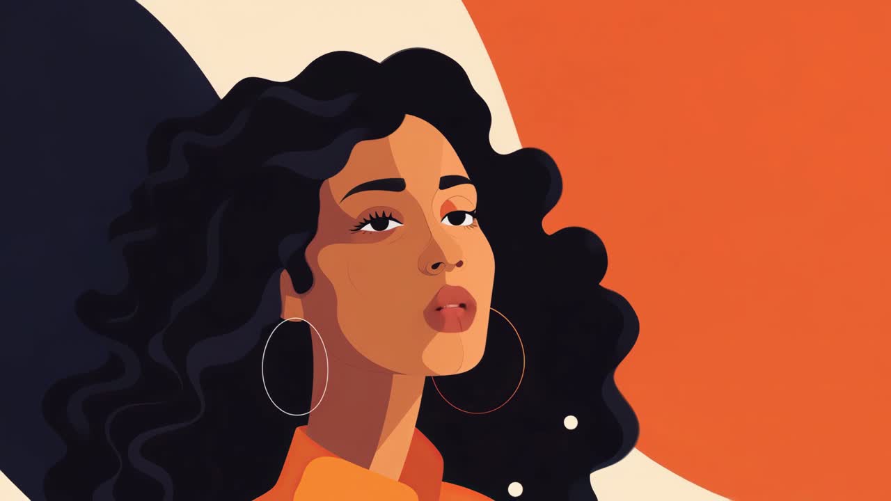 Portrait of a beautiful young woman with curly hair and orange shirt exuding confidence and style against a vibrant and abstract orange backdrop, creating a striking and contemporary visual