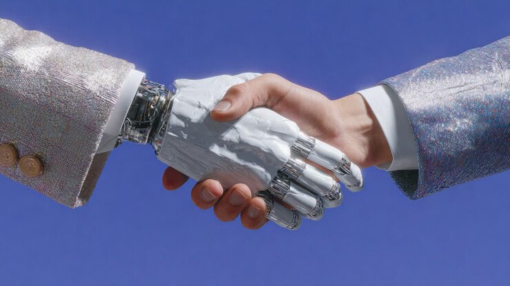 A Moment of Connection: Exploring the Intersection of Humanity and Technology Through a Robotic and Human Handshake in a Vibrant Blue Background