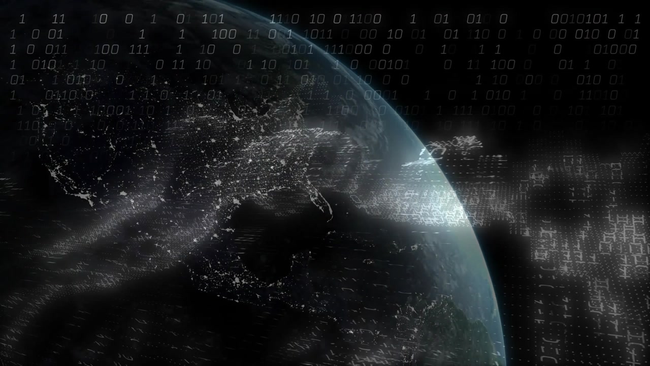 Dark Earth view starting rotating globe enveloping swirling mist visualizing global binary network