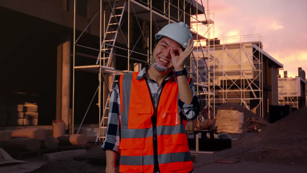 Happy Construction Worker Making OK and Goggles Gestures at Sunset