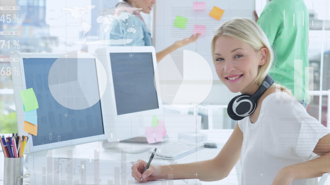 Animation of diverse graphs over happy caucasian female worker using computers with copy space