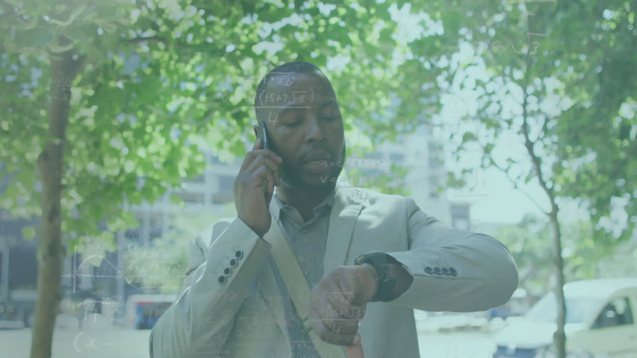 Talking on phone, businessman checking watch with animation of mathematical equations