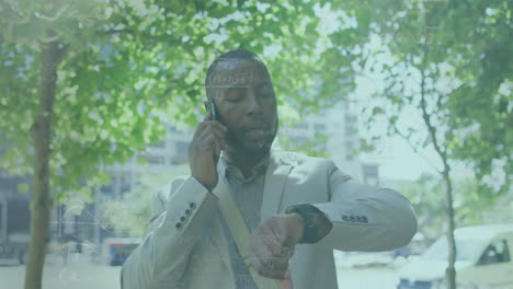 talking on phone, businessman checking watch with animation of mathematical equations