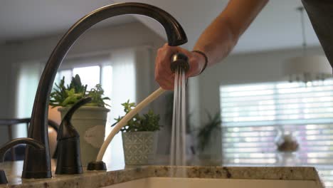 Young-man-rinses-modern-kitchen-sink-with-spray-nozzle:-Medium-closeup