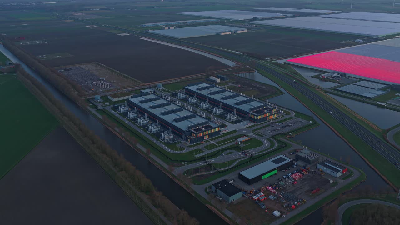 Hyperscale data center aerial view at sunrise in the netherlands