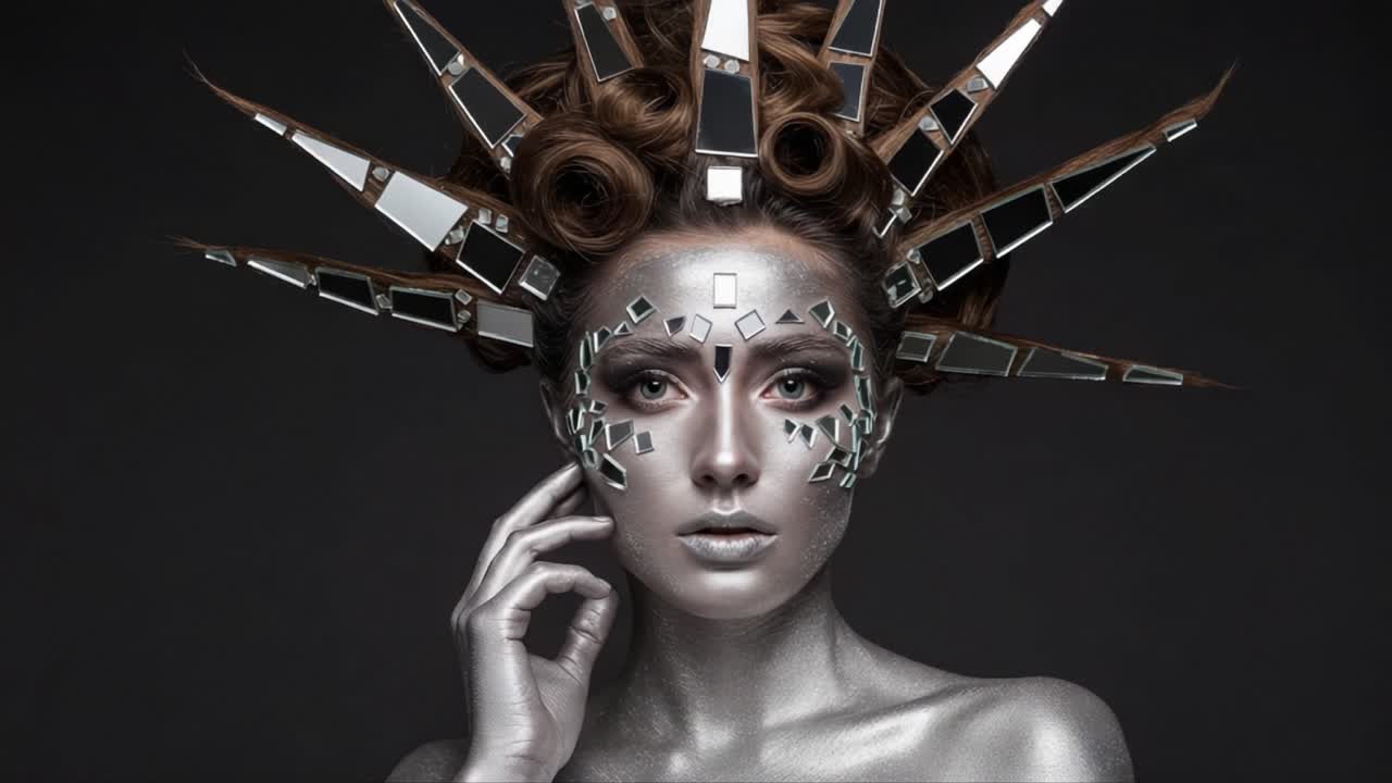 A striking and artistic portrayal of a silver-themed model embellished with reflective mirror elements and intricate hairstyle, capturing a captivating and futuristic aesthetic