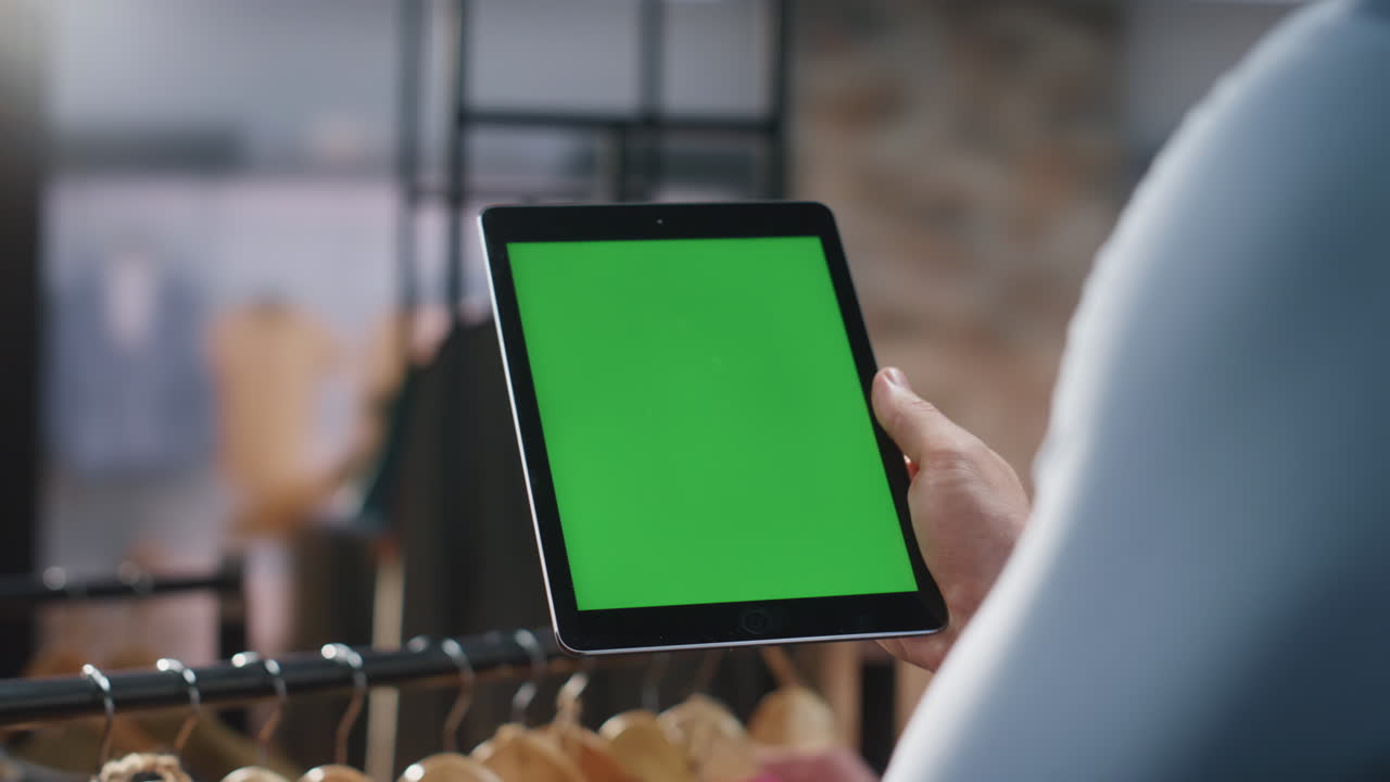 las manos del hombre con la tableta de pantalla verde recopilan datos de producción en el primer plano de la boutique