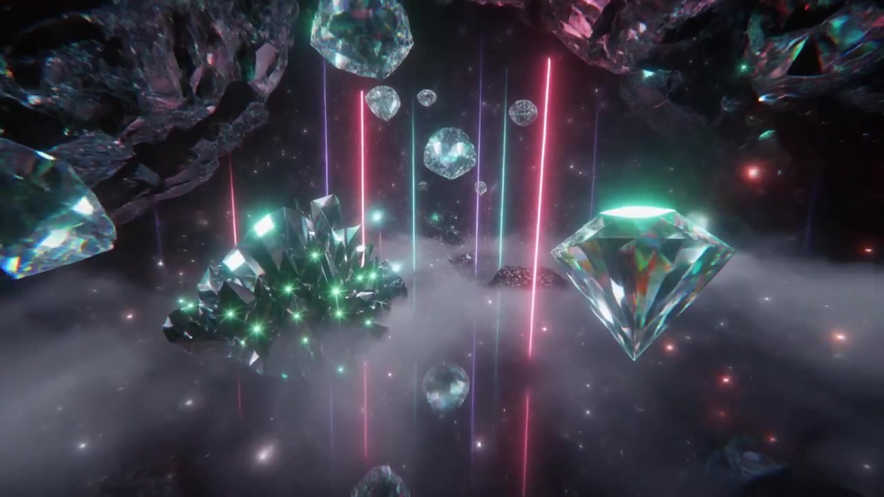 Animazione 3D astratta di diamanti fluttuanti e cristalli luminosi nello spazio