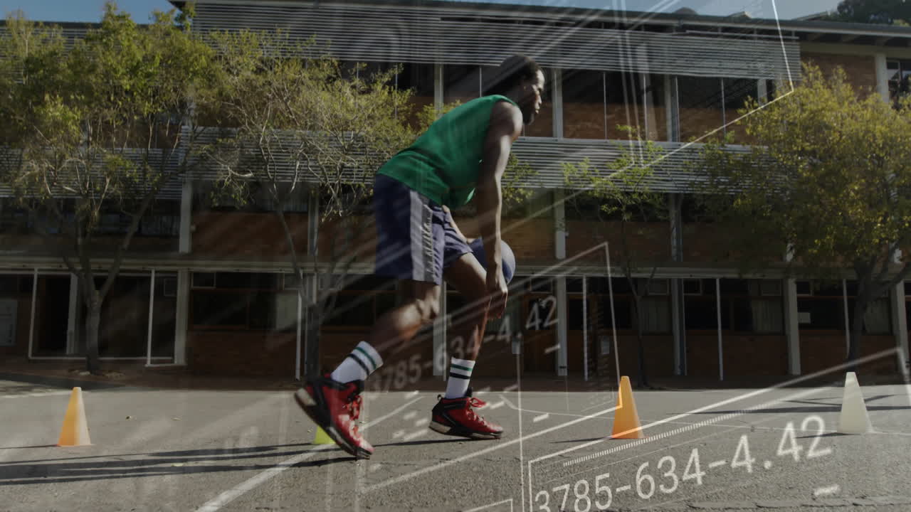 Male athlete dribbling basketball through cones on outdoor court, showing sports tech data overlays