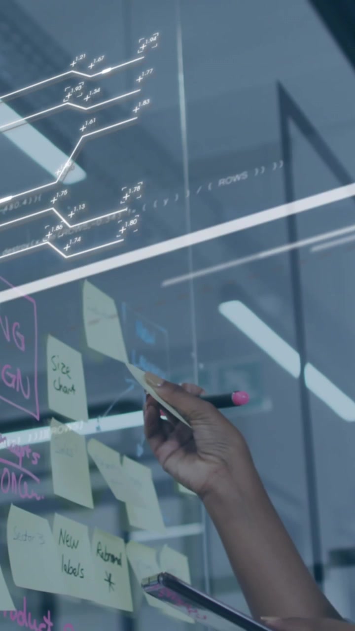 Animation of data processing over businesswoman in office