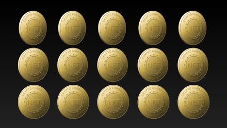 animation of rows of golden nft coins spinning on black background