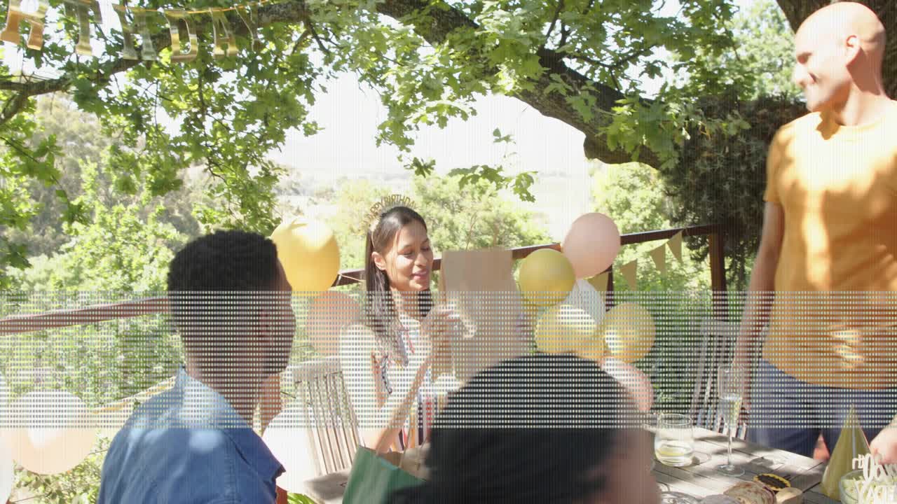 Guest of honor opening gift as man approaching with bags, animated confetti showing reveal at party