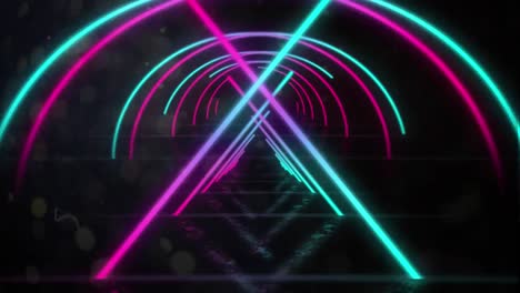 animation of a tunnel of neon glowing geometric triangle and moving on black background