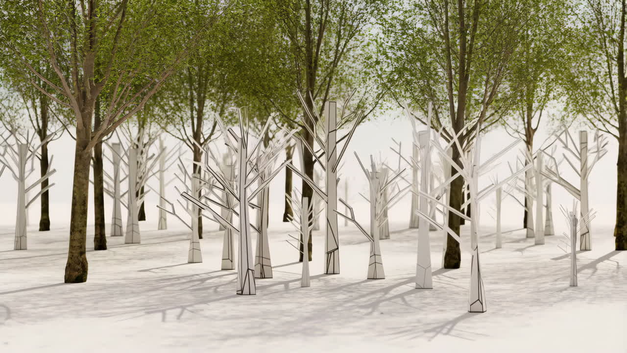 A forest scene with a contrast of lush green trees and stylized white trees