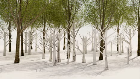 a forest scene with a contrast of lush green trees and stylized white trees