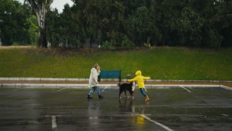 Glückliches-Junges-Mädchen,-Das-In-Einer-Weißen-Jacke-Zusammen-Mit-Ihrem-Schwarzen-Hund-Um-Ihre-Mutter-Herumläuft,-Während-Sie-Im-Regen-Im-Park-Spazieren-Geht