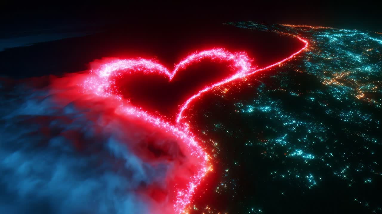 Aerial View of a Vibrant Red Heart Shaped Light Formation Illuminating the Night Sky Above Urban Landscapes, Creating a Stunning Contrast Against the Dark Clouds and City Lights Below
