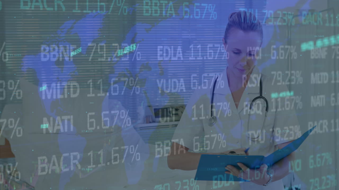 animación del procesamiento de datos sobre una doctora con un estetoscopio