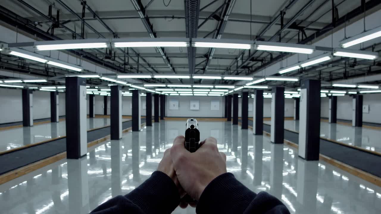 First-person view of a shooting range, hands holding a gun aimed at targets