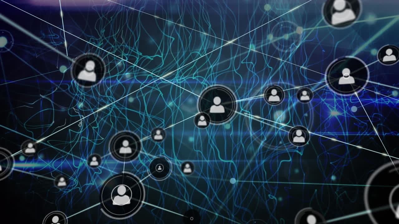 Animation of network of profile icons over digital waves and light trails against blue background