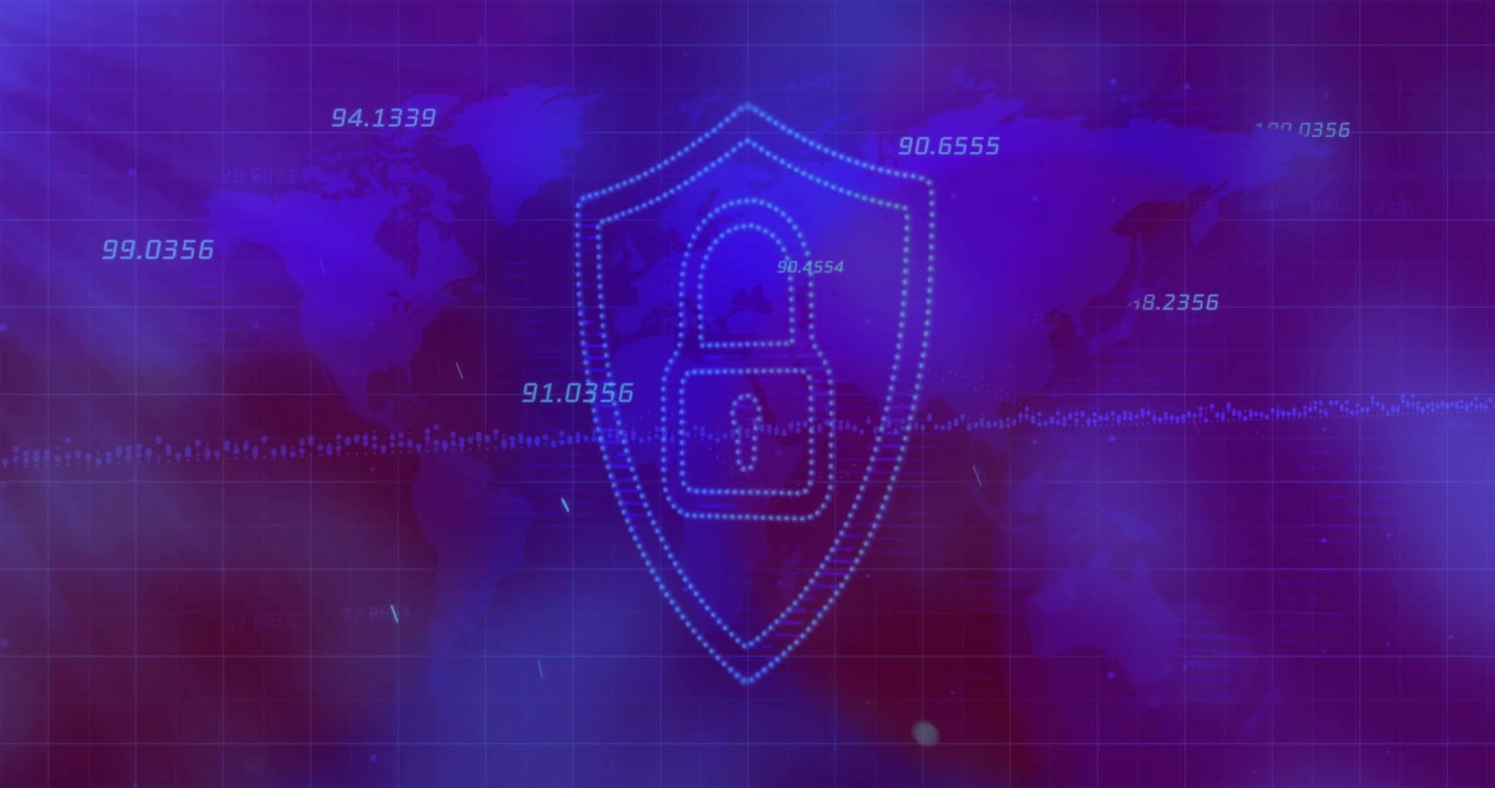 Floating numbers initiating padlock outline forming on shield for encryption with pulsing data line