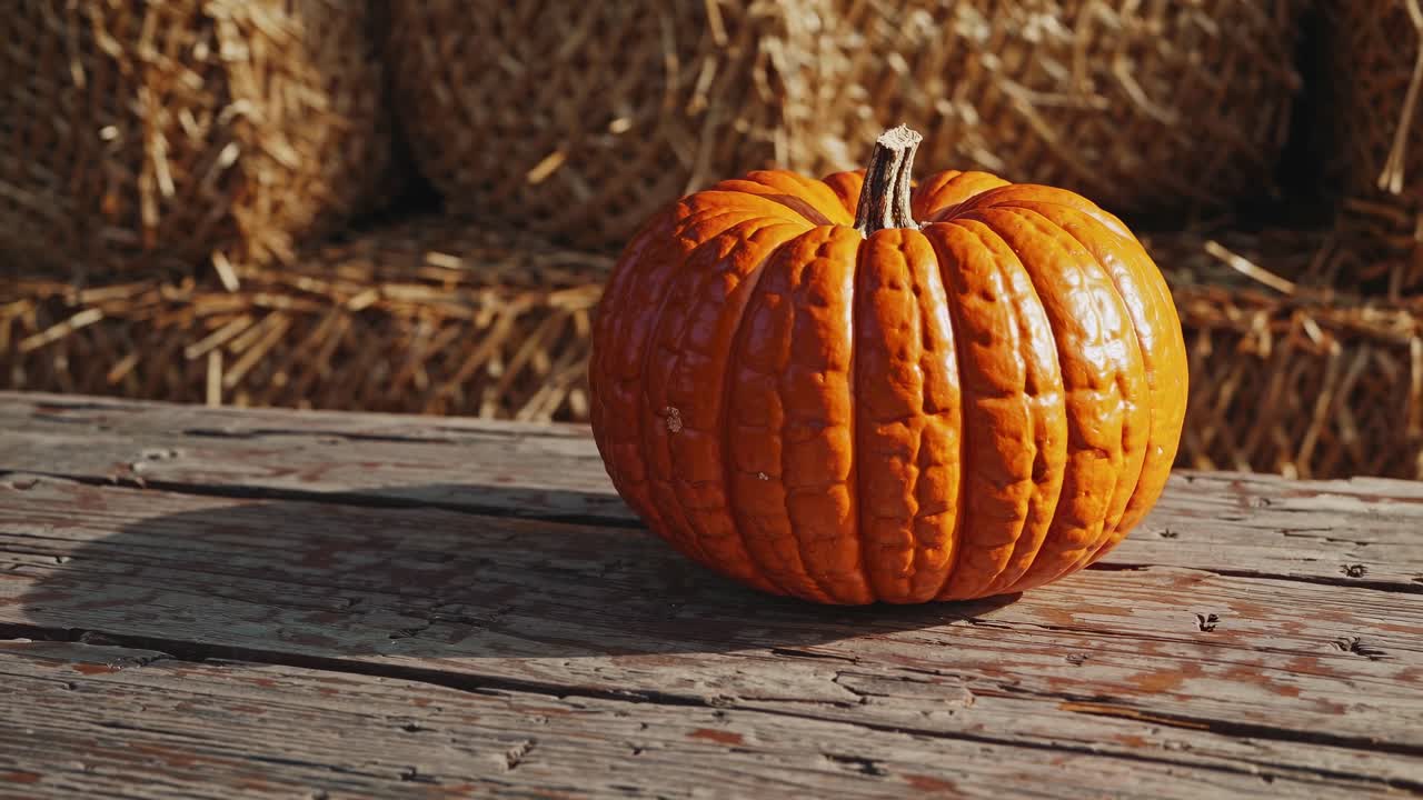 Close-up video of a pumpkin on a rustic wooden table, with hay bales in the background