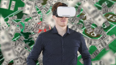 Animation-Der-Verwendung-Eines-VR-Headsets-Und-Einer-Virtuellen-Schnittstelle-über-Steigende-Dollarnoten-Und-Einen-Spieltisch