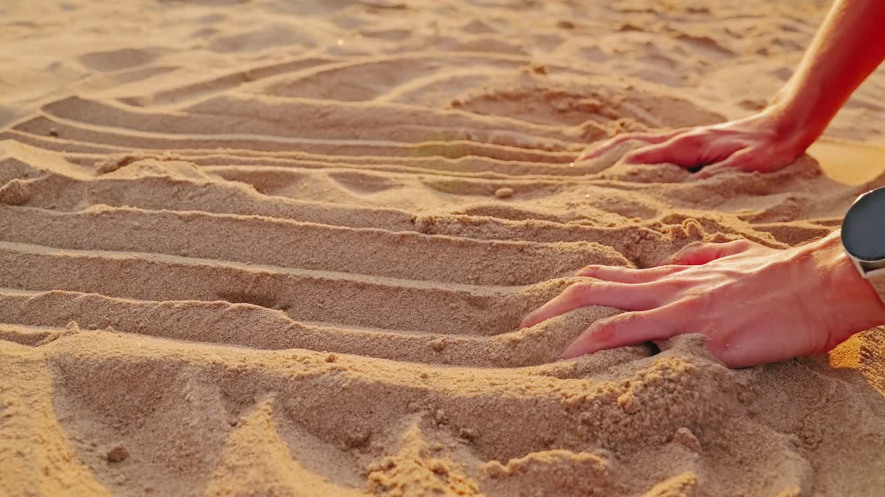 Kvinna pressar händerna i vit sand och känner styrka och jordad energi