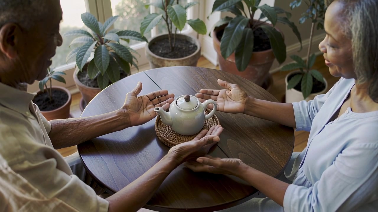 Placing senior couple steadying and cradling teapot on woven trivet at home dining nook