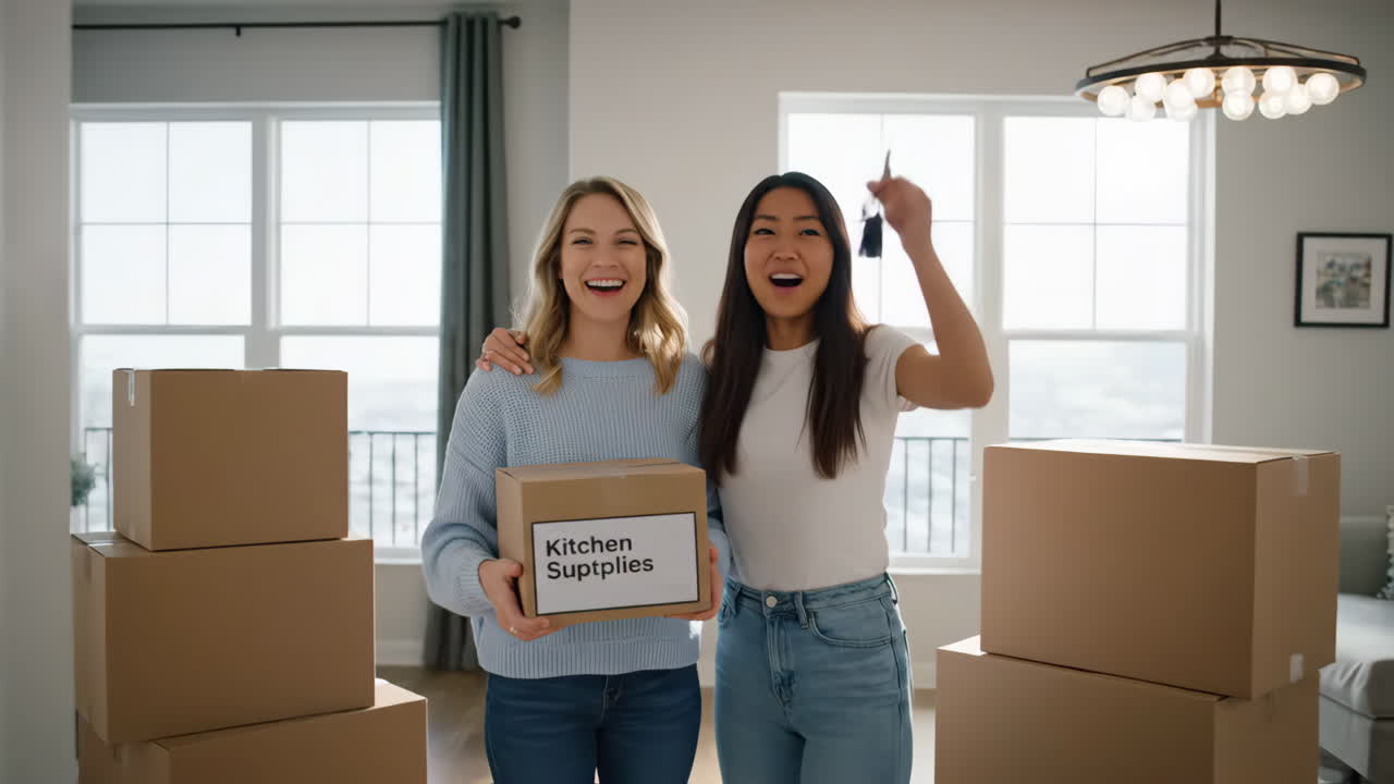 Pareja mudándose a una nueva casa con cajas de artículos de cocina